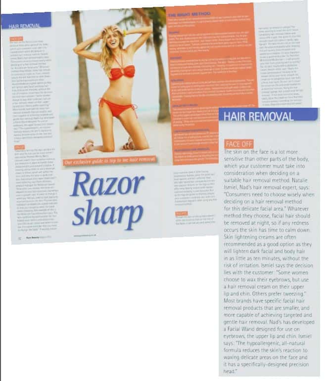 August 2012 UK Pure Beauty 'Razor Sharp' article on hair removal with woman in red bikini